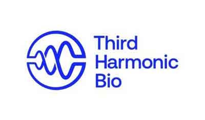 Logo of Third Harmonic Bio, featuring a stylized blue wave design enclosed in a circle, with the company name in blue text to the right.