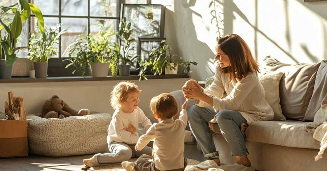 A woman and two children sit on the floor in a sunlit living room, enjoying each other's company. The room boasts large windows and is filled with potted plants. As they play and smile together on the soft carpet near a sofa, they're blissfully unaware of concerns like thirdhand smoke.