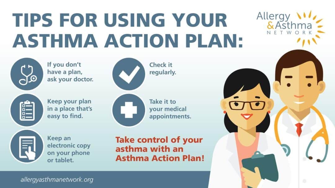 Infographic titled "Tips for Using Your Asthma Action Plan" with five tips: consult a doctor, keep plan accessible, maintain an electronic copy, check it regularly, and bring to appointments. Features illustrations of a doctor and nurse.