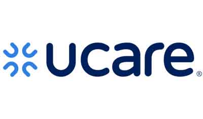 The image shows the UCare logo featuring a stylized blue icon resembling four curved lines surrounding a central point, followed by the word "ucare" in lowercase blue letters.