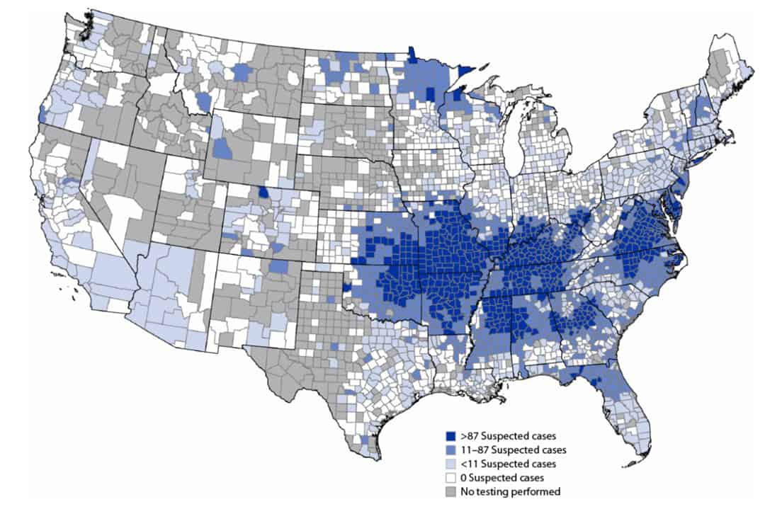 A U.S. map shows suspected case frequencies by county. Dark blue indicates over 87 cases, medium blue 11-87, light blue 1-11, and gray shows no suspected cases. The highest concentrations are in the South and East regions.