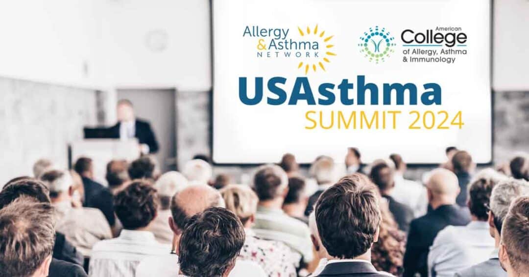 A speaker addresses a full audience in a conference room. The screen displays "Allergy & Asthma Network," "American College of Allergy, Asthma & Immunology," and "USAsthma Summit 2024.