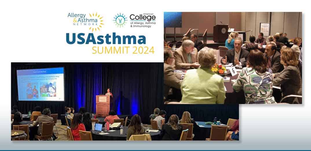 Image showing the USAsthma Summit 2024 organized by the Allergy & Asthma Network. The foreground features a group of people seated at a round table in discussion. In the background, a speaker presents at a podium to an audience in a conference hall.