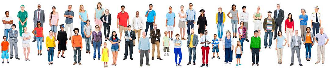 A diverse group of people, including adults and children, lined up against a white background. They display various professions, clothing styles, and postures, representing a wide array of ages, ethnicities, and identities.