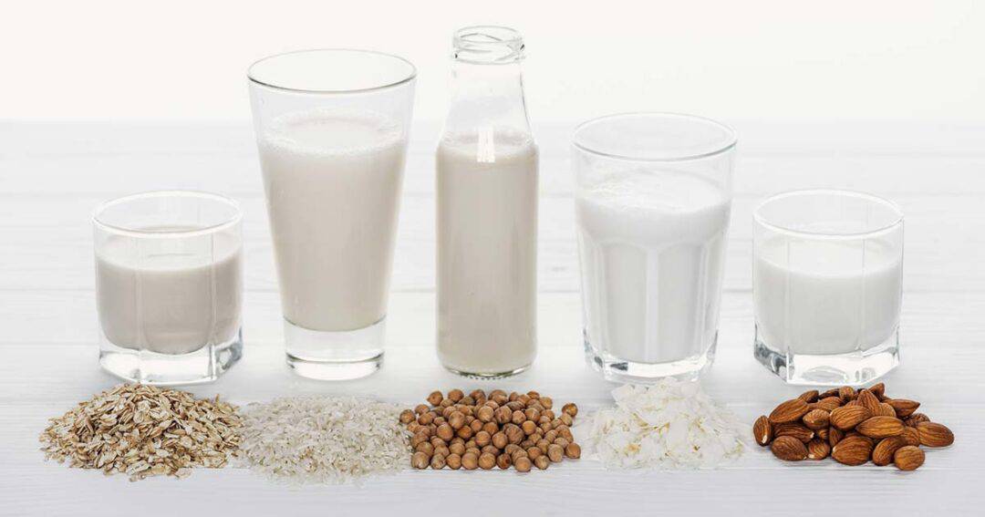 various glasses of milk alternatives like oatmilk, almond milk and coconut milk for milk allergies