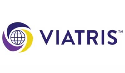 Viatris logo featuring a stylized globe with purple and yellow swoosh-like arcs next to the company name written in bold, dark blue letters.