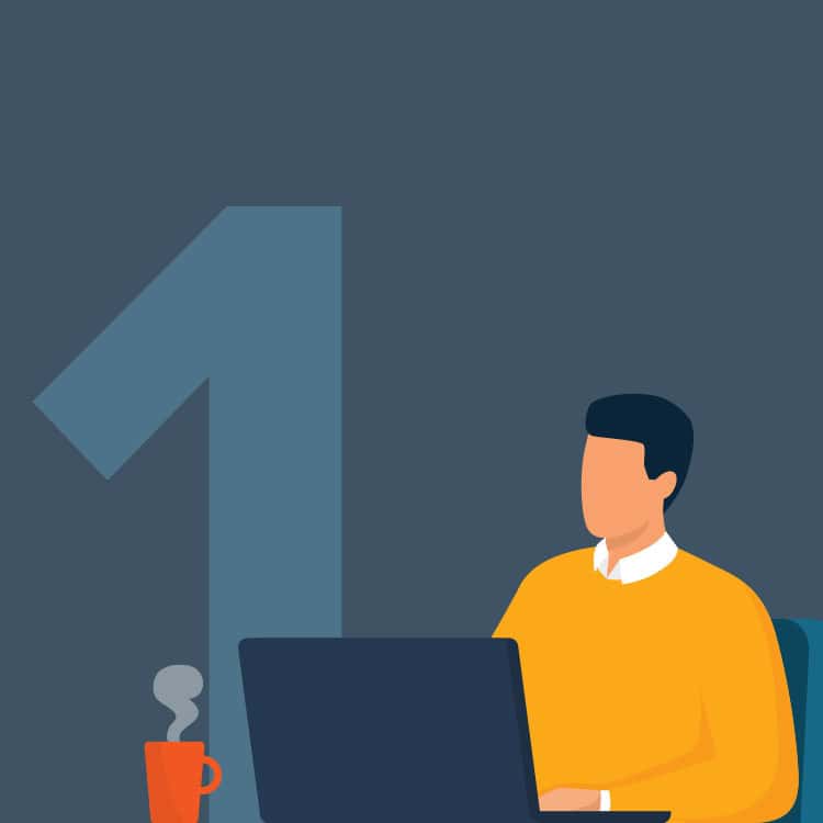 Illustration of a person sitting at a desk with a laptop, wearing an orange sweater. A steaming mug is on the left. The background is dark gray with a large number "1" in a lighter gray hue.