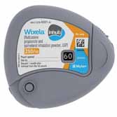 Inhaler packaging labeled "Wixela Inhub" with dosage information and a QR code. The casing is triangular and gray.