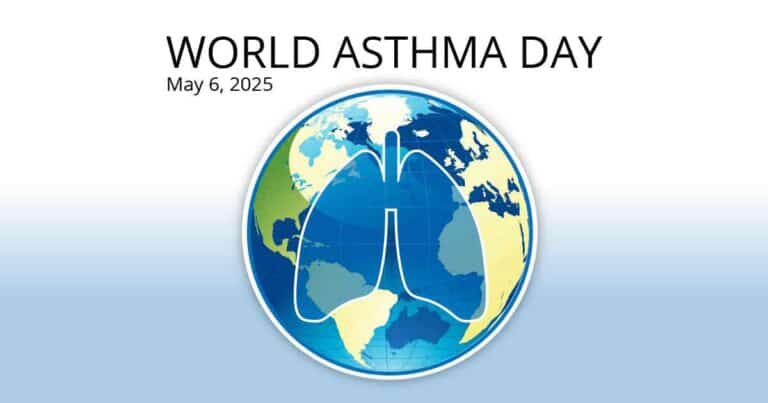 World Asthma Day, May 6, 2025, text above a globe illustration with an outline of human lungs over it, highlighting global awareness of asthma.
