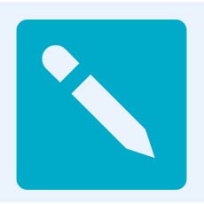 Icon of a pencil on a teal background, symbolizing writing or editing.