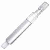 A transparent, plastic syringe-like instrument with measurement markings along the side. The cylindrical structure narrows to a closed tip at one end, and a wider, open end at the other.