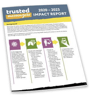 A report cover titled "trusted messengers 2020&ndash;2023 Impact Report" featuring a summary background and a horizontal infographic with five steps representing community engagement and impact on asthma awareness.
