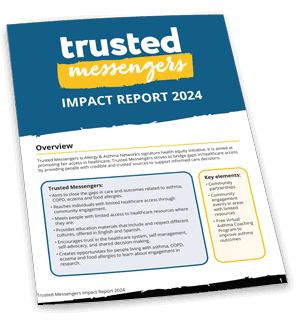 Cover page of the "Trusted Messengers Impact Report 2024" with sections for an overview, trusted messengers, and key elements, featuring blue, yellow, and white design elements.