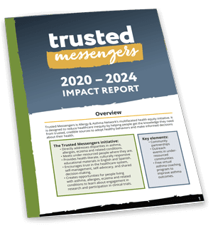 A report cover titled "trusted messengers 2020&ndash;2024 Impact Report," featuring a blue and gold design with an overview section and key initiative elements listed below.
