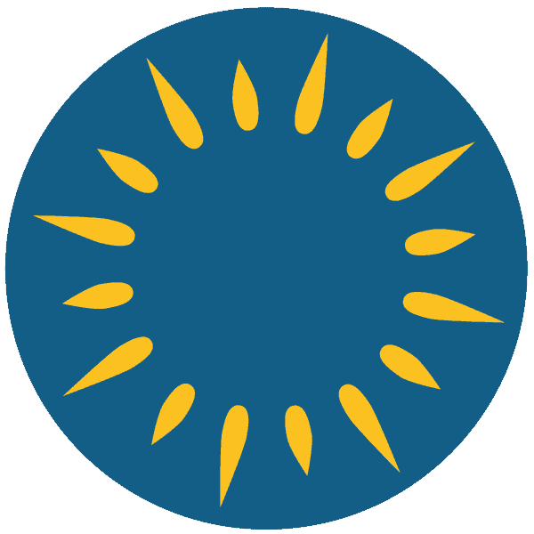 A blue circle with yellow, pointed shapes arranged in a circular pattern, resembling a stylized sunburst.