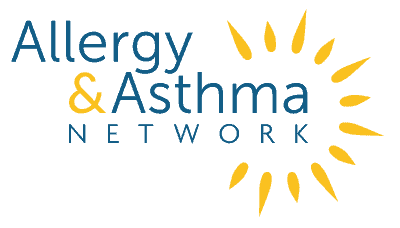 Logo for the Allergy & Asthma Network. The text is in blue, with an ampersand in yellow. A sunburst design composed of yellow rays is on the right side of the text.
