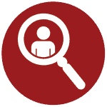 Allergy and Asthma Research 1 A red circle icon with a white outline of a magnifying glass. Inside the glass is a silhouette of a person, symbolizing search or investigation related to individuals.