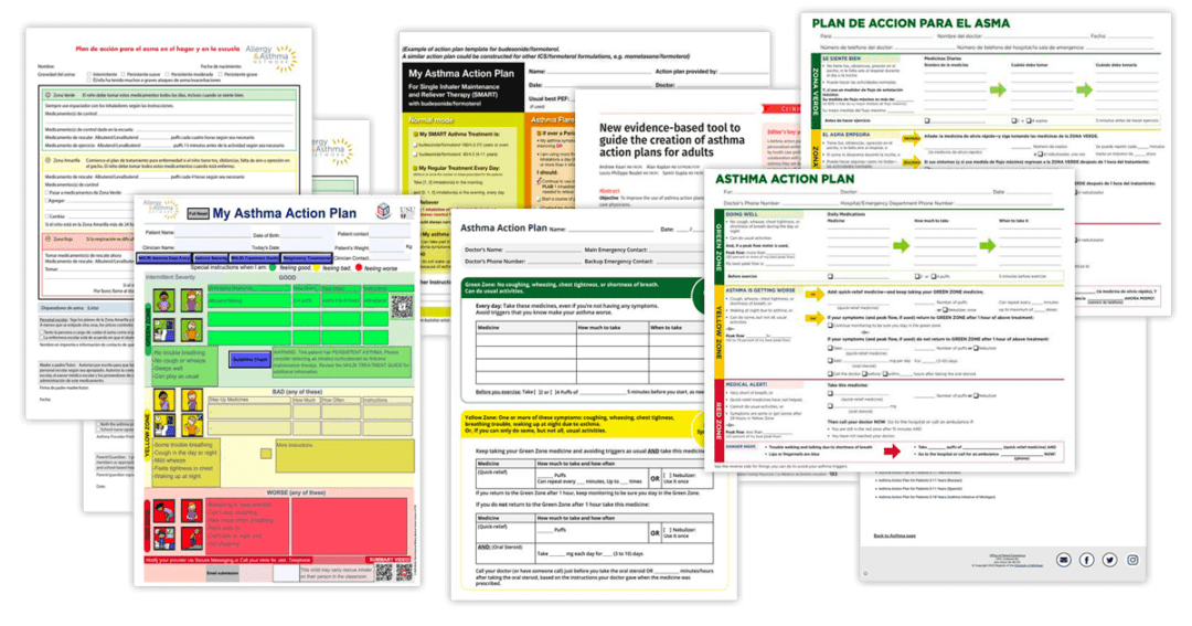 A collage of various asthma action plan documents in different formats and languages, featuring colorful charts and sections for managing asthma symptoms and medication schedules.
