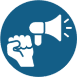 A white icon on a blue circular background featuring a hand holding a megaphone. The megaphone is pointed to the right, emitting sound waves.