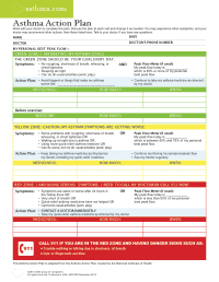 A detailed asthma action plan template with sections for personal information, peak flow, medication instructions, and zones indicating the severity of symptoms: green (doing well), yellow (caution), and red (medical alert), along with emergency contact info.