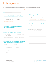 Asthma journal page with questions about asthma symptoms, medication usage, and attack triggers. Designed for tracking health details to discuss with a healthcare provider. Includes sections for symptoms, medication, and additional observations.