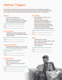 A guide titled "Asthma Triggers" lists common triggers such as smoke, strong odors, vacuum cleaning, cockroaches, dust mites, and mold, with tips to avoid each. An image of a couple sitting and smiling is at the bottom.