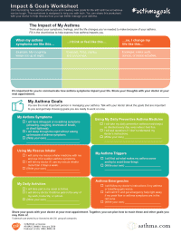 An asthma goals worksheet with sections to track the impact of symptoms, set personal goals, and identify triggers. The layout includes red, orange, and green boxes for different aspects. Includes spaces for reflections and strategies for asthma management.