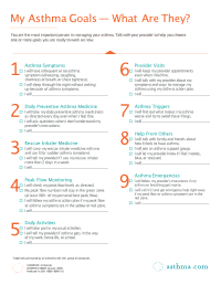 An infographic titled "My Asthma Goals &mdash; What Are They?" lists nine goals for managing asthma, including tracking symptoms, taking daily medicines, using rescue inhalers, reducing triggers, involving others, regular provider visits, and having an emergency plan.