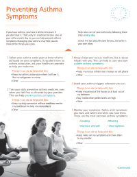 A guide titled "Preventing Asthma Symptoms" in orange and red text, with six numbered tips detailing ways to manage asthma. The background includes an image of people meditating. Teal and green accents highlight keywords and sections.