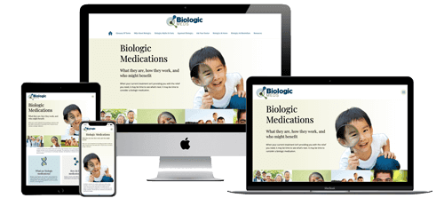 A website mockup displayed on various devices: a smartphone, tablet, laptop, and desktop. The site features a smiling child and the text "Biologic Medications" with a focus on informative content about these medications.