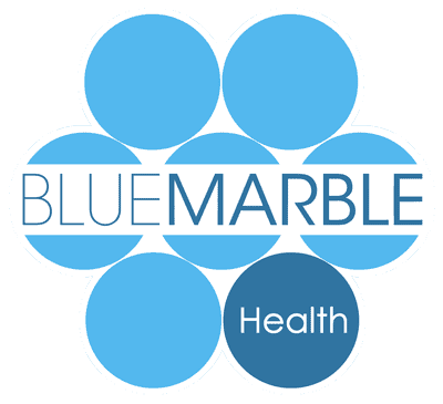 Blue Marble Health logo featuring seven overlapping blue circles forming a flower shape, with "BLUEMARBLE" written in the center and "Health" in a darker blue circle at the bottom right.
