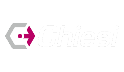 Logo of Chiesi Group, featuring a stylized grey hexagon with a magenta arrow pointing right, and the word "Chiesi" in a light grey font. The design is set against a white background.