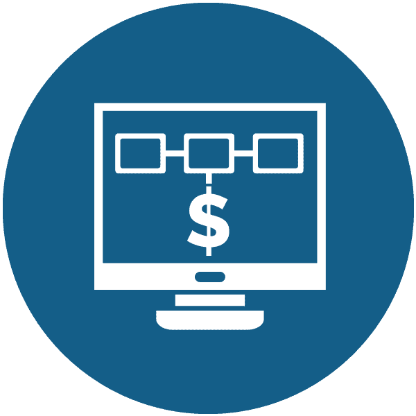 Allergy & Asthma Network 40th Anniversary 5 Icon of a computer screen displaying a flowchart with a dollar sign, set against a blue circular background.