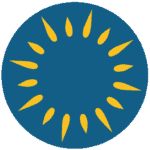 A blue circle featuring a stylized yellow sunburst pattern with 20 pointed rays radiating outward from its center.