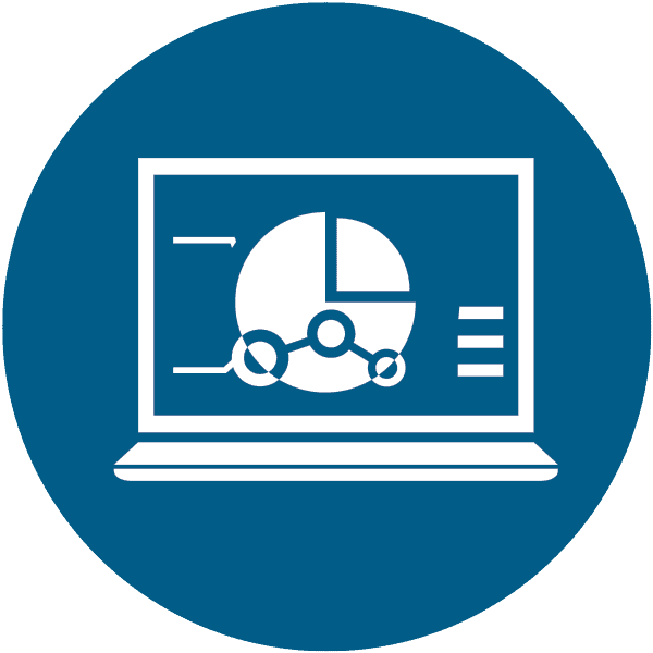Icon of a laptop displaying a data dashboard, featuring a pie chart and line graph, inside a blue circle.