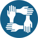 A blue circle with four white hands, each holding the wrist of the next hand, forming a square shape.