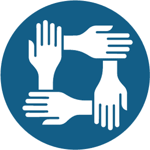 Allergy & Asthma Network 40th Anniversary 4 A blue circle with four white hands, each holding the wrist of the next hand, forming a square shape.