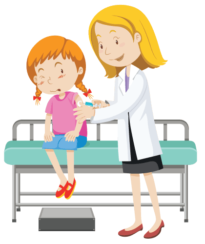 A doctor is giving a vaccine to a young girl with red hair in pigtails. The girl is sitting on a medical examination table with a light blue cushion. The doctor has blonde hair and is wearing a white coat. The girl is wearing a pink shirt and blue shorts.