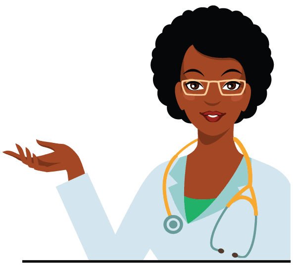 Illustration of a healthcare professional wearing glasses and a stethoscope, smiling and gesturing with one hand. The person has curly hair and is dressed in a white coat over a green shirt, suggesting a friendly and approachable demeanor.