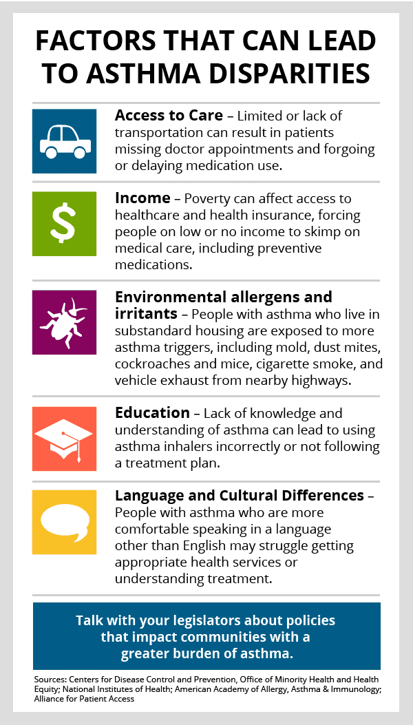 Infographic titled "Factors That Can Lead to Asthma Disparities" outlines four main factors: Access to Care, Income, Environmental Allergens and Irritants, and Education. It highlights language and cultural differences as well. Includes a call to action.