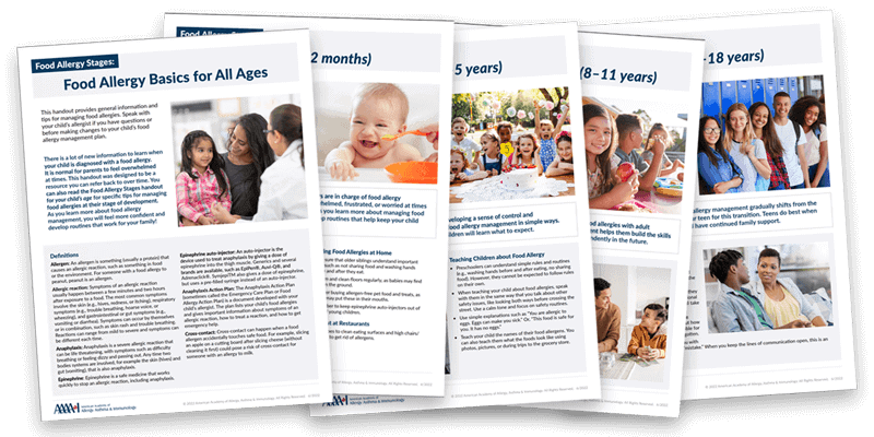 A set of educational pamphlets titled "Food Allergy Basics for All Ages," featuring images of people interacting, infants eating, and children playing. Each pamphlet provides guidance on food allergies for different age groups.