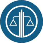 A blue circle with a white outline of a balance scale in the center, symbolizing justice and equality. The scale is stylized with thin lines and symmetrical triangle shapes on each side.