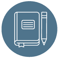 Icon of a book with a bookmark and a pencil on a blue circular background. The book cover has a rectangle with horizontal lines, suggesting text. The design is simple and outlined in white.