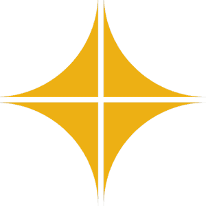 A yellow star-like shape with four pointed ends on a white background, divided into four segments by a thin black cross.