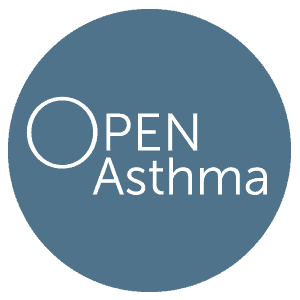 A blue circle with the text "Open Asthma" in white. The letter "O" in "Open" is enlarged.