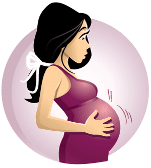 Asthma and Pregnancy 3 Illustration of a pregnant woman with long black hair wearing a sleeveless pink dress. She is gently holding her belly with both hands, and there are lines indicating movement. The background is a soft pink circle.