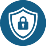 A blue and white icon featuring a shield with a lock in the center, symbolizing security and protection.