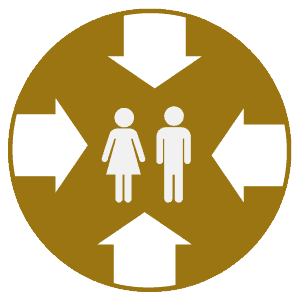 A brown circle with two white human figures, one resembling a female and the other a male, in the center. Four white arrows point towards them from the top, bottom, left, and right.