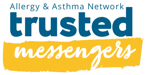 Logo with blue text reading “Allergy & Asthma Network trusted” and white script text reading “messengers” on a yellow paint stroke background.