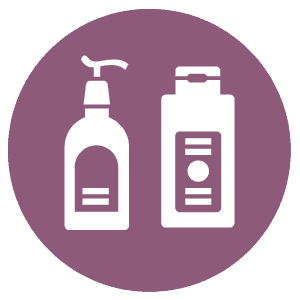 Icon depicting two white bottles on a purple circle background. One bottle has a pump dispenser, and the other has a flip-top cap. Both have basic label designs.